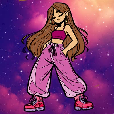 girl in baggy pants crop top and long hair