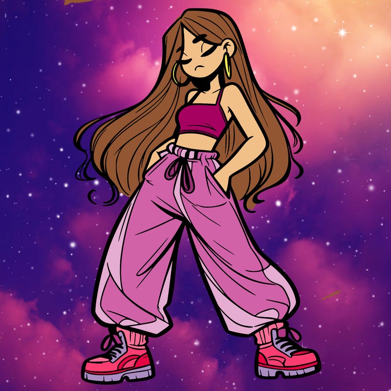 girl in baggy pants crop top and long hair