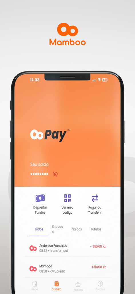 Mamboo - Mamboo Pay interface showing digital wallet balance and recent financial transactions