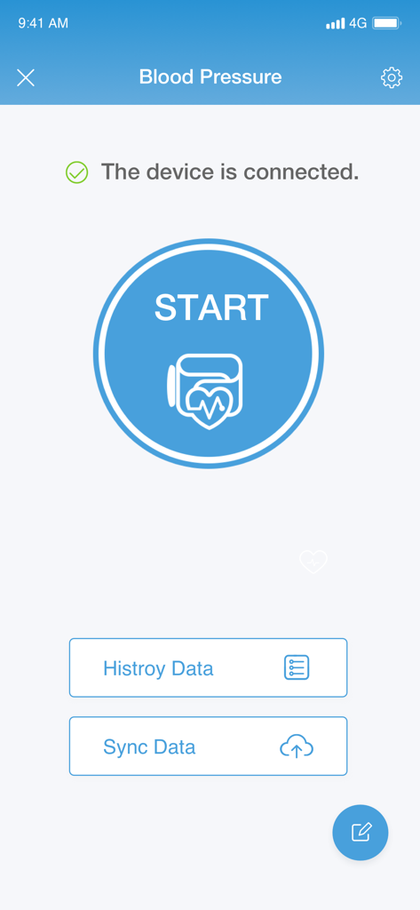 iHealth MyVitals - Blood pressure measurement start screen in the iHealth MyVitals app showing a connected device and a start button.