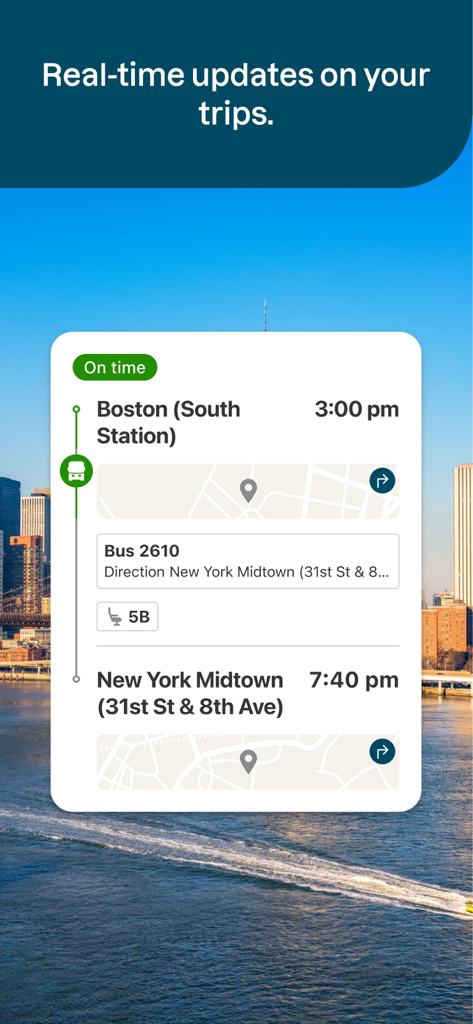 Interfaz de la app de Greyhound que muestra actualizaciones de viaje en tiempo real para un autobús de Boston a Nueva York