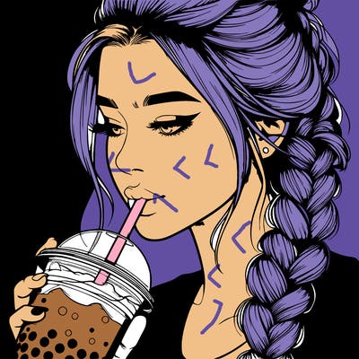 realistic girl drinking boba tea with braided hair