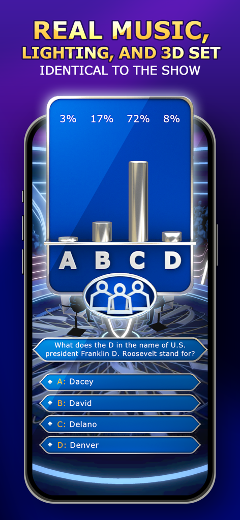 Screenshot of the Who Wants to Be a Millionaire app featuring a 3D set and Ask the Audience lifeline results.