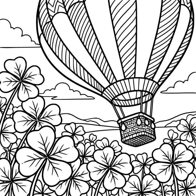 a hot air balloon flying over a field of four-leaf clovers