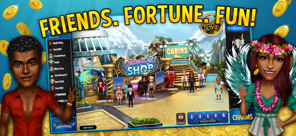 7 Seas Casino - Avatars interacting on a virtual cruise ship deck in 7 Seas Casino social game