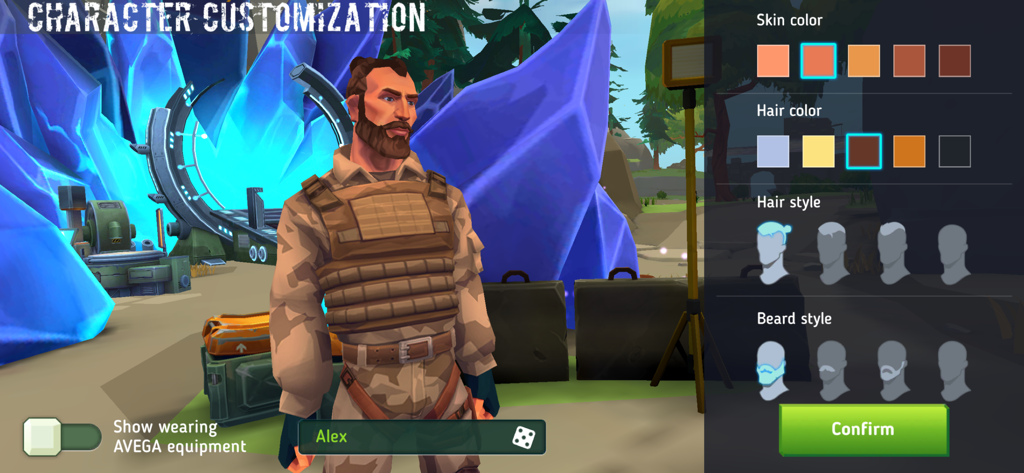 TEGRA: Zombie survival island - Pantalla de personalización de personaje en TEGRA Zombie Survival Island que muestra opciones de cabello, barba y color de piel para un superviviente masculino.