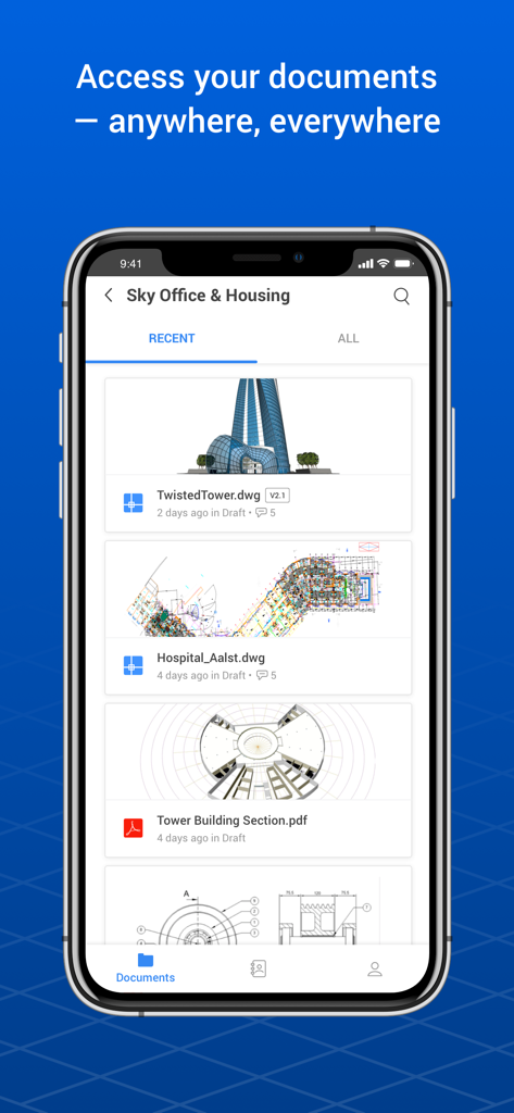 Bricsys 24/7 mobile app interface displaying recent architectural drawings and project documents