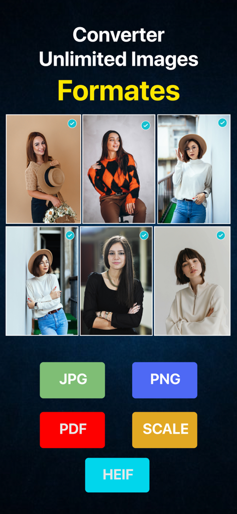 JPG PNG Image Photo Converter - Mobile app interface for converting multiple images into JPG PNG PDF and HEIF formats