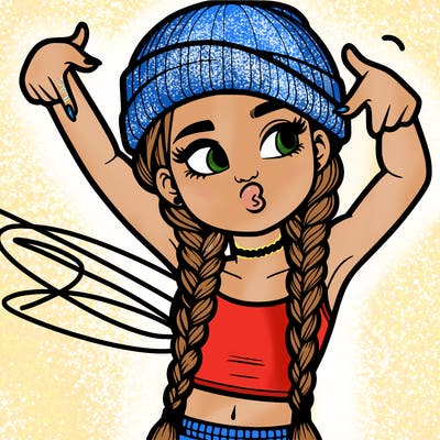 realistic teenage girl with braids and a beanie and crop top doing 🫶🏼
