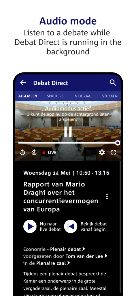 Debat Direct app interface showing the audio mode feature for listening to parliamentary debates in the background