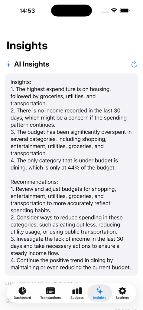 Aperçus de dépenses générés par l'IA et recommandations financières sur l'application Budget and Money Tracker