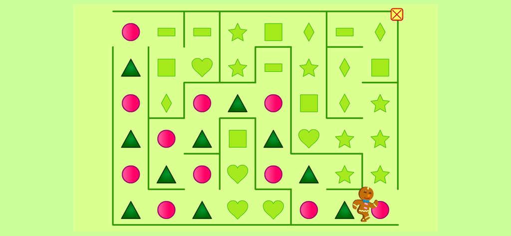 A gingerbread man character navigating a maze filled with colorful geometric shapes