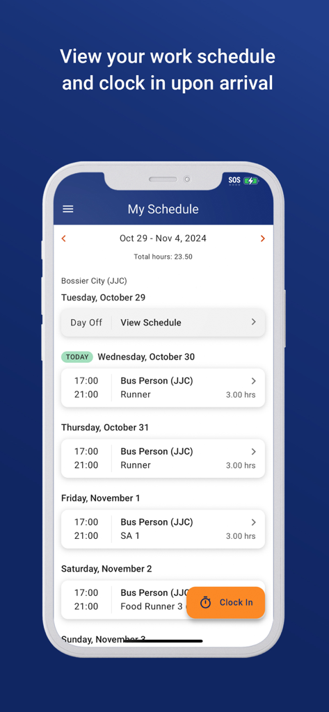Interfaccia dell'app Crunchtime Teamworx che mostra l'orario di lavoro di un dipendente con un pulsante arancione per l'entrata.