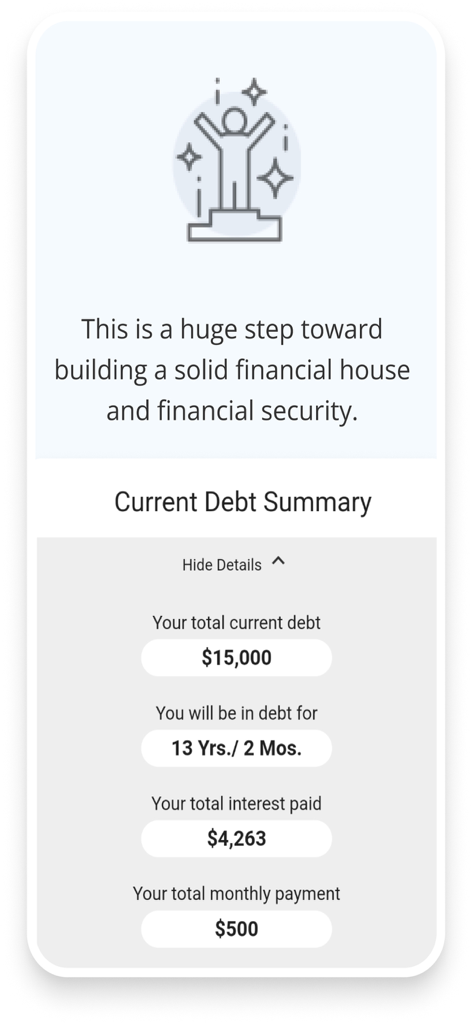 MyPrimerica app screen displaying a current debt summary including total debt amount and payoff time estimates