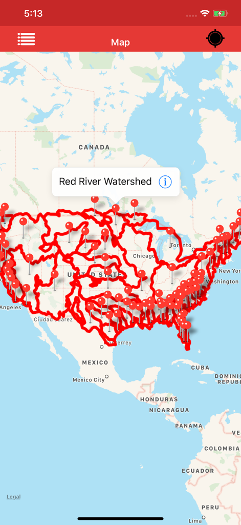 Kml Viewer-Kml Converter app - App Kml Viewer che mostra una sovrapposizione cartografica rossa dettagliata e marcatori per il bacino idrografico del Red River negli USA