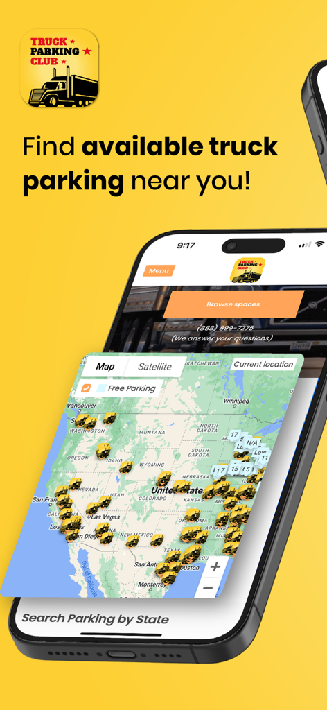 Truck Parking Club app interface showing available parking spots on a map of the United States