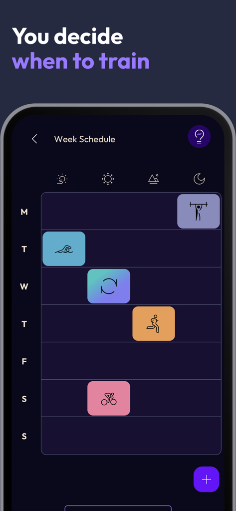 2PEAK Cycling & Triathlon - A mobile interface of the 2PEAK app showing a weekly training schedule for swimming running and cycling