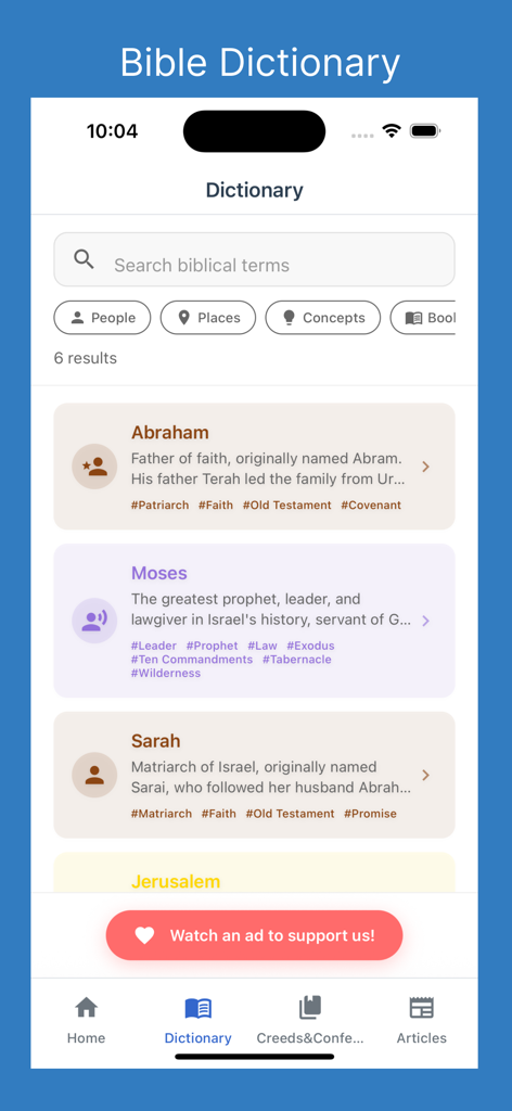 Knowing God - Knowing God app bible dictionary screen showing search results for biblical figures like Abraham and Moses