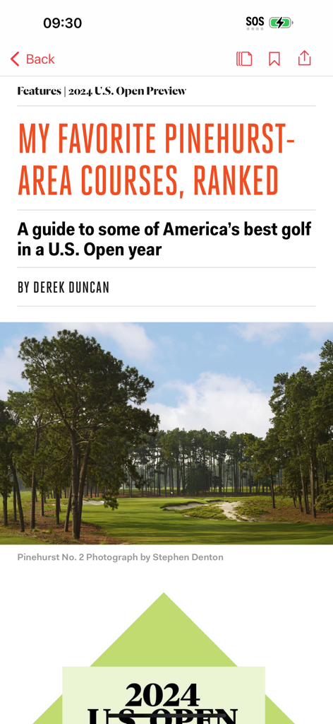 Golf Digest Magazine - An article in the Golf Digest Magazine app featuring a guide and ranking of Pinehurst area golf courses for the 2024 U.S. Open.