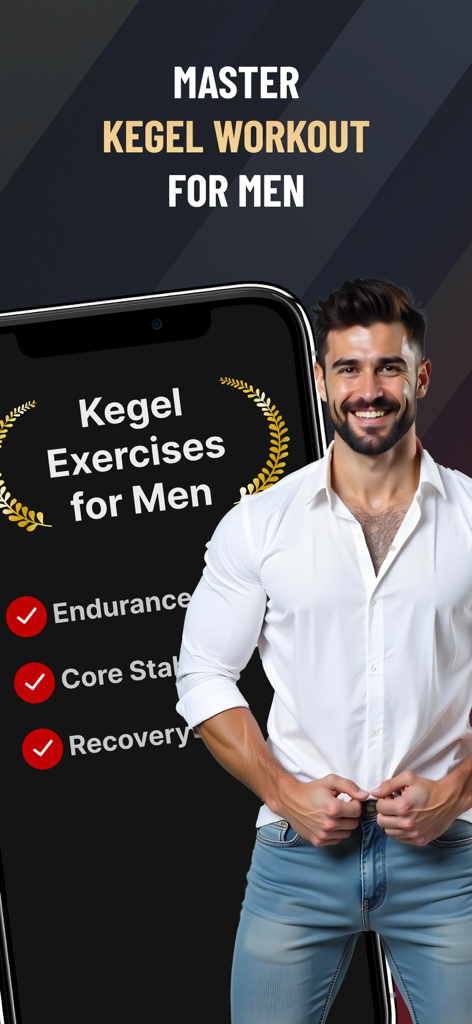 KegelUp: Men's Health App - A man smiling next to a smartphone displaying the KegelUp app for men health exercises
