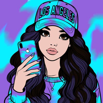 realistic beautiful girl wearing los ángeles cap holding an iphone