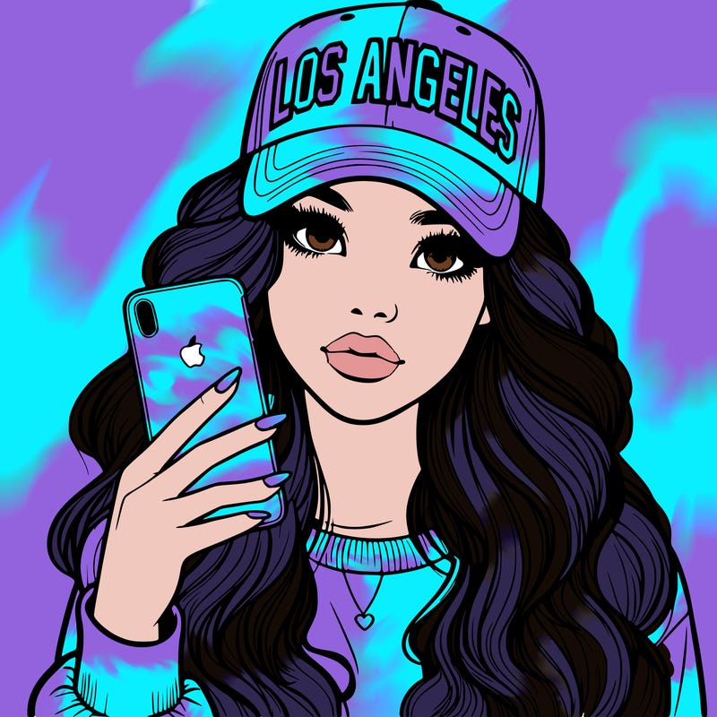 realistic beautiful girl wearing los ángeles cap holding an iphone