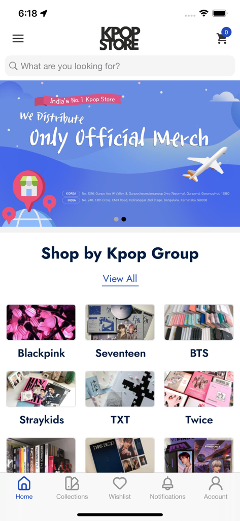 Kpopstore - Kpopstore app interface showing various K-pop groups categories like BTS and Blackpink for official merchandise shopping