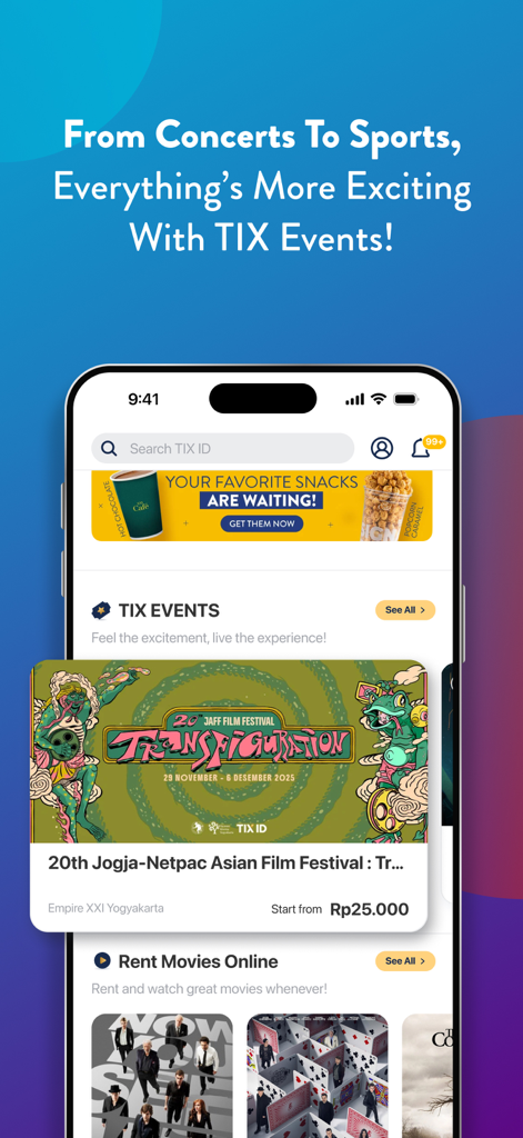 TIX ID - Pantalla de smartphone que muestra la interfaz de la aplicación TIX ID con funciones de reserva de eventos y alquiler de películas
