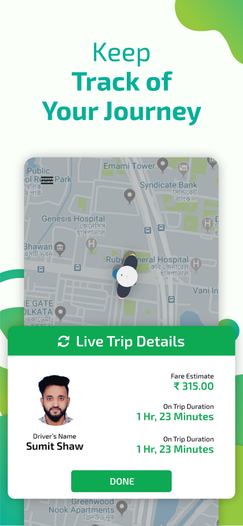 Drivers4Me - Get Car Drivers - Drivers4Me app screen displaying live journey tracking with driver details and fare estimate