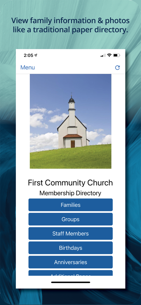 Instant Church Directory - Home screen of the Instant Church Directory app showing membership directory menu options like Families and Staff Members.