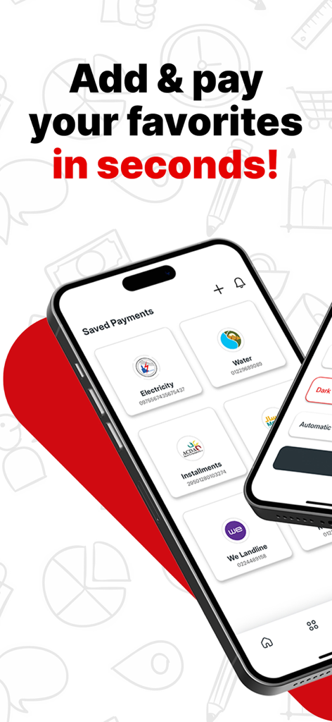 Basata App-Oberfläche, die gespeicherte Favoriten für Strom-, Wasser- und Ratenzahlungen zeigt.