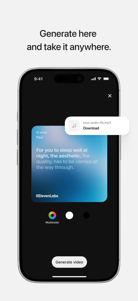 ElevenLabs: AI Voice Generator - iPhone interface showing the ElevenLabs app generating a video with AI voiceover and a customizable background.