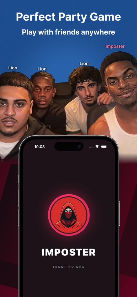 Um grupo de amigos jogando o jogo de festa de palavras de dedução social Imposter em um smartphone.