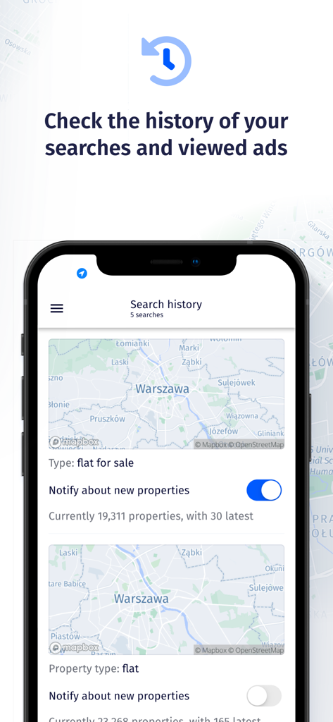 Morizon.pl Real Estate App - Tela de histórico de pesquisa do aplicativo Morizon mostrando pesquisas de mapa salvas e opções de notificação para listagens de propriedades.