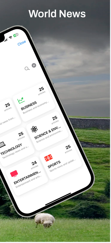 Irish Radio – Live Stations - A mobile screen showing world news categories in the Irish Radio app with a scenic background