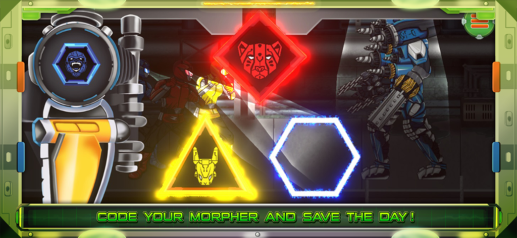 Pantalla de juego de Power Rangers Beast Morphers con un acertijo de codificación de Morpher con íconos de animales geométricos