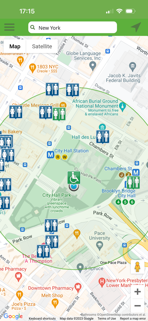 Bathroom Scout - Map view of the Bathroom Scout app showing public restroom locations in New York City near City Hall Park.