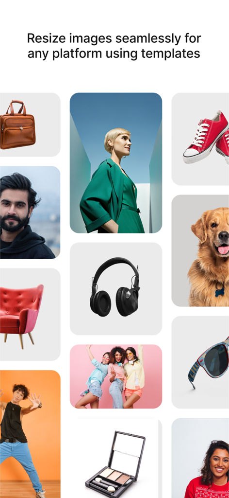 Pixelbin: AI Photo Editor - Uma colagem de imagens de produtos e estilo de vida demonstrando redimensionamento perfeito para várias plataformas.