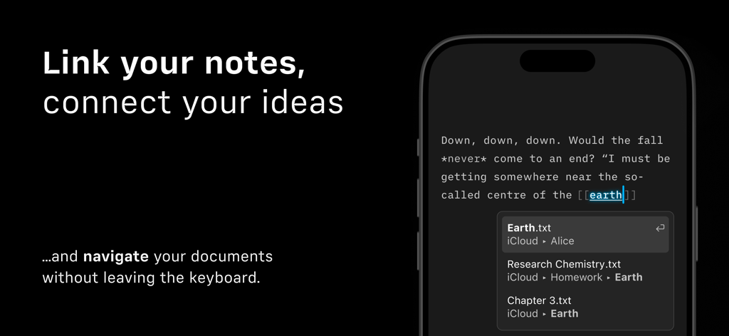 iA Writer - Interface do aplicativo iA Writer mostrando links internos de wiki para conectar notas e navegar por documentos