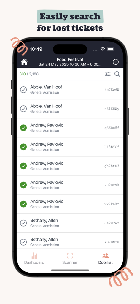 Écran de la liste des participants de l'application d'enregistrement Ticket Tailor montrant une liste des participants à l'événement avec des coches pour un festival gastronomique