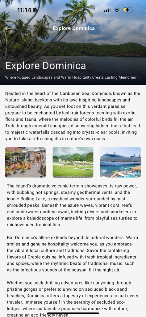 Explore Dominica - Explore Dominica app interface featuring a descriptive overview of the island and images of local festivals and landscapes