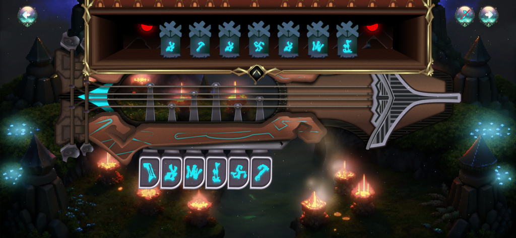 i Legendary Instruments - An ancient stringed musical instrument with glowing teal symbols in a mystical night environment.