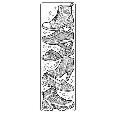 Dive into a world of intricate designs with this unique footwear bookmark coloring page. Perfect for adults, it offers a stylish and relaxing way to personalize your reading adventures.
