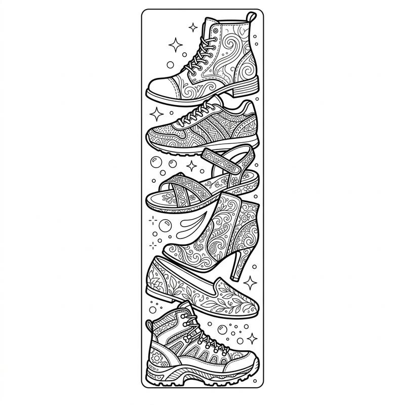 Dive into a world of intricate designs with this unique footwear bookmark coloring page. Perfect for adults, it offers a stylish and relaxing way to personalize your reading adventures.