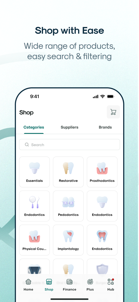 Screenshot della schermata del negozio dell'app Toothpick che mostra varie categorie di prodotti dentali come essenziali, restaurativa ed endodonzia.