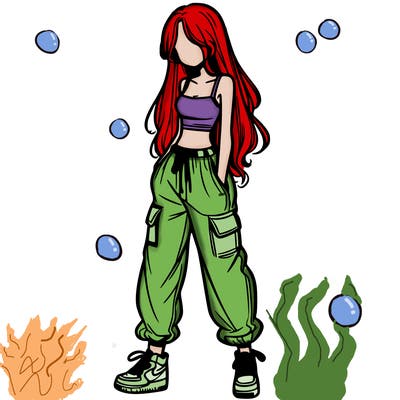 girl in baggy pants crop top and long hair