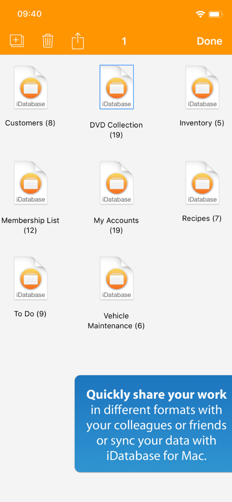iDatabase - iDatabase app interface displaying various database categories like inventory recipes and vehicle maintenance with sharing options