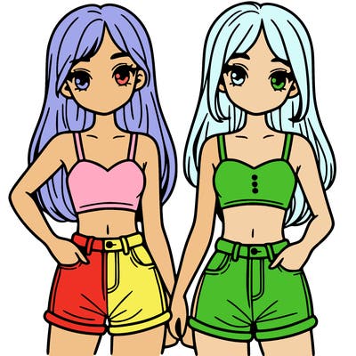 two sisters with crop tops and jean shorts and straight hair