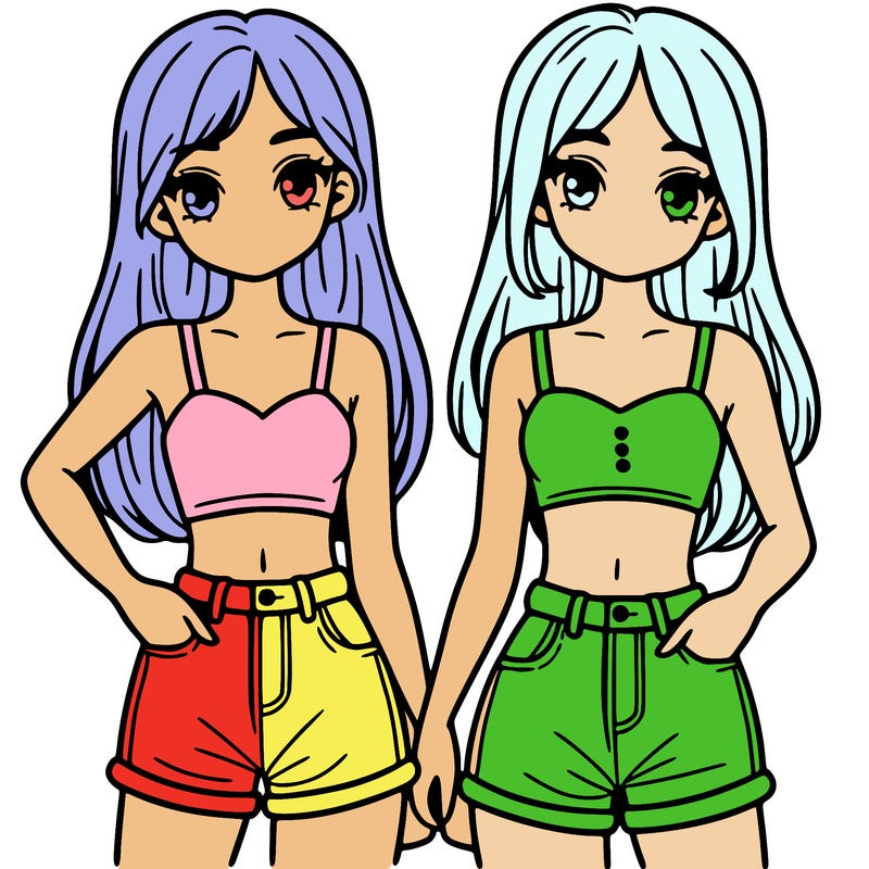two sisters with crop tops and jean shorts and straight hair