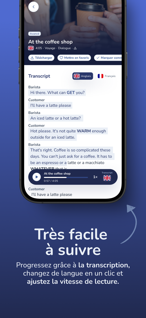 Léa English - Oberfläche der Lea English App, die ein Podcast-Transkript für einen Dialog im Café mit Audio-Wiedergabesteuerung und einem Umschalter für die französische Übersetzung zeigt.